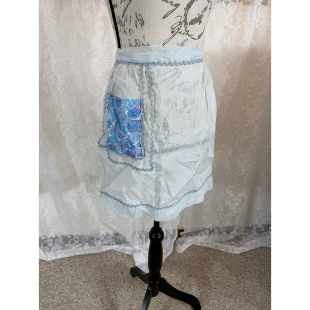 Vintage 40's Handmade Sheer Blue Half Apron Rick Rack Trim Floral Pocket Retro